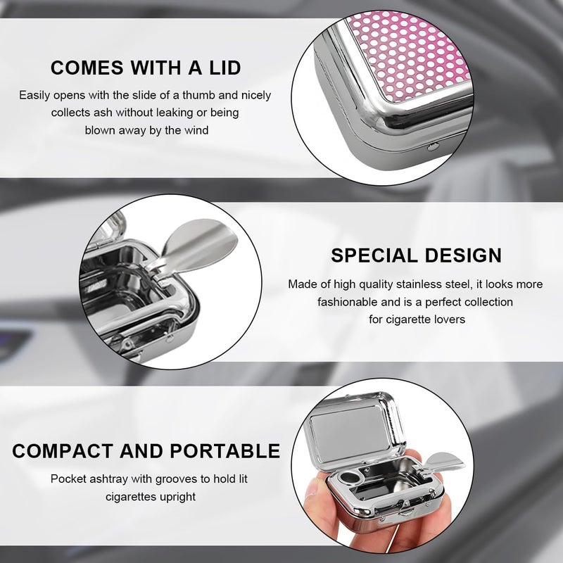 FSTURIOS Portable Ashtray, Windproof Creative Pocket Ashtray Car Ash Tray with Lid, Stainless Steel Mini Compact Cigarette Snuffers, Waterproof Cigar Ash Tray for Car Office Travel (Purple) - Image 3